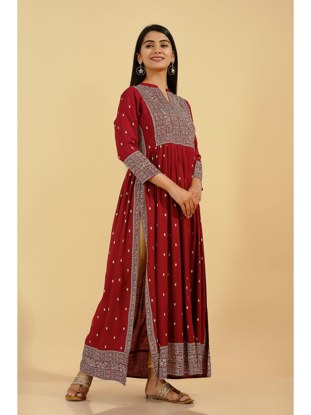 Rayon Printed A-Line Kurta (Maroon)