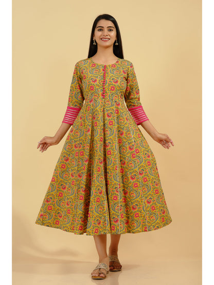 Cotton Floral Flared Kurta (Multicolour)