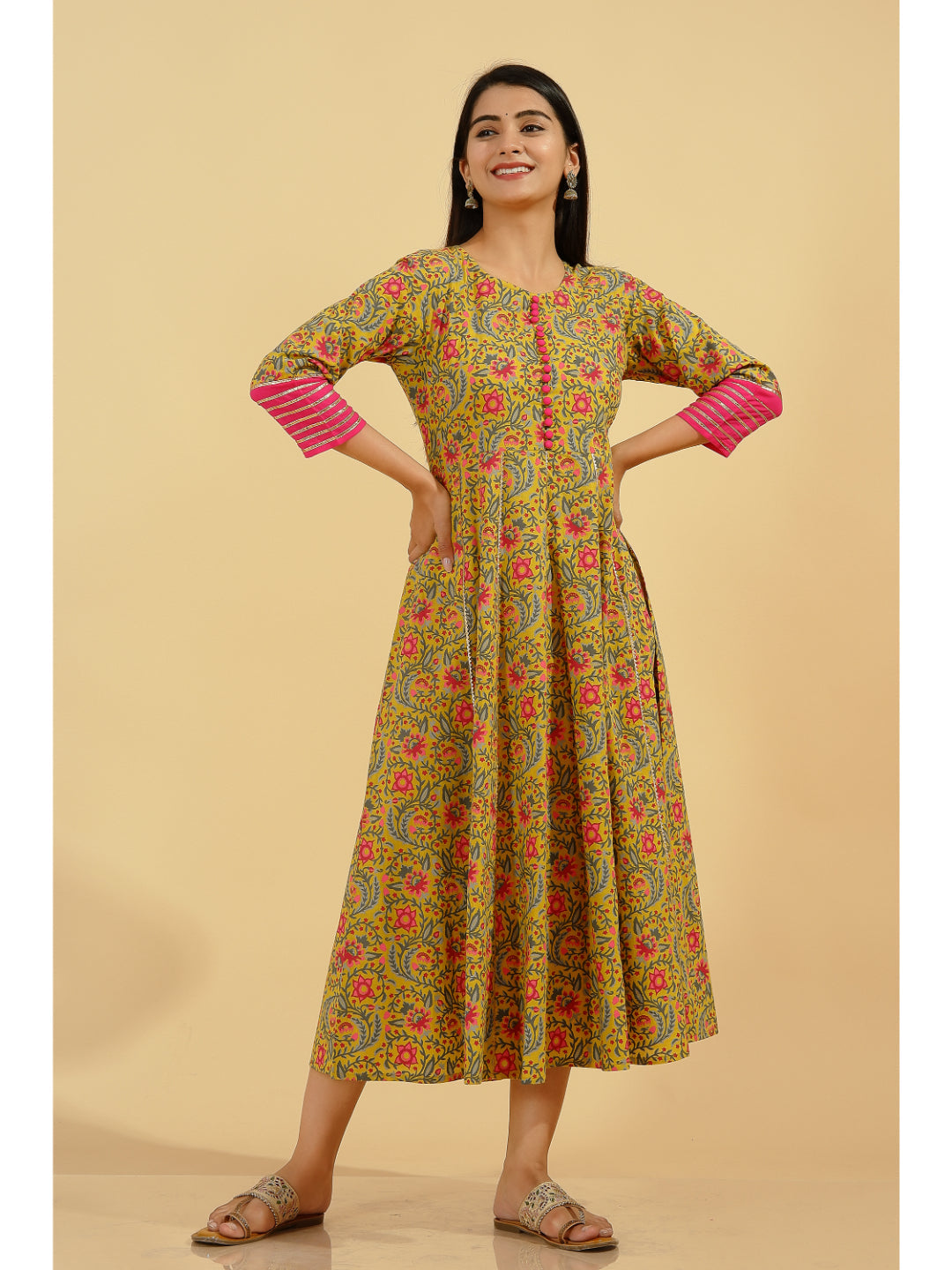 Cotton Floral Flared Kurta (Multicolour)