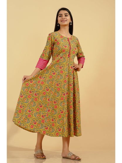 Cotton Floral Flared Kurta (Multicolour)