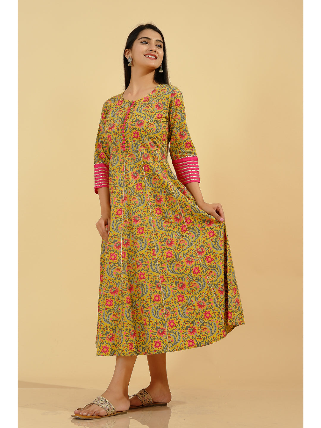 Cotton Floral Flared Kurta (Multicolour)