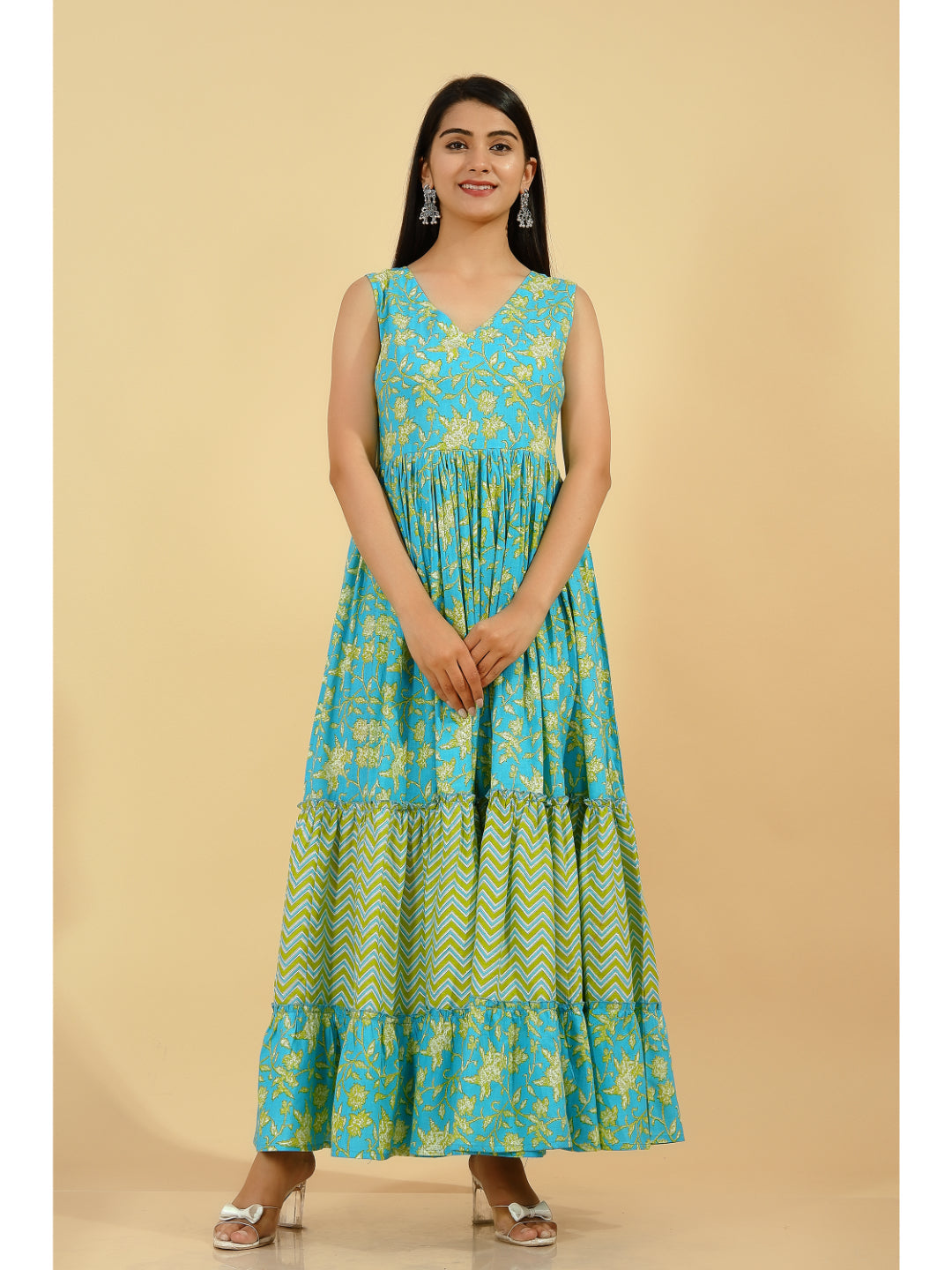 Cotton Printed Flared Kurta (Blue & Green)