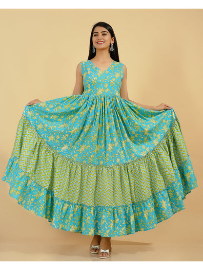 Cotton Printed Flared Kurta (Blue & Green)