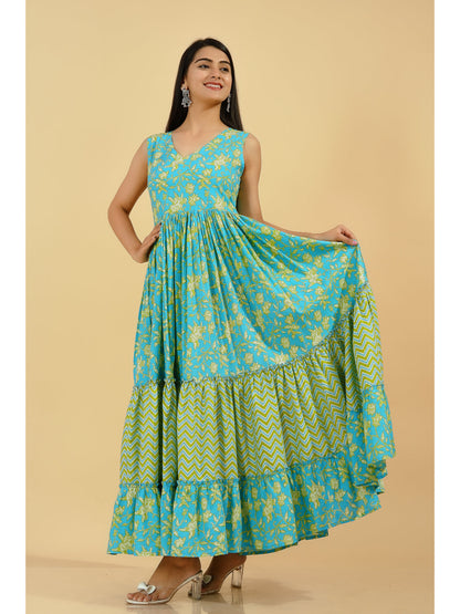 Cotton Printed Flared Kurta (Blue & Green)