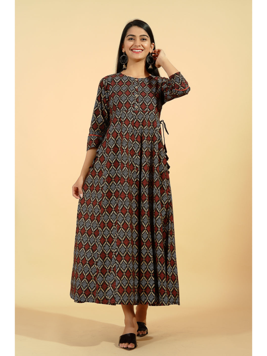 Cotton Printed Flared Kurta (Black)