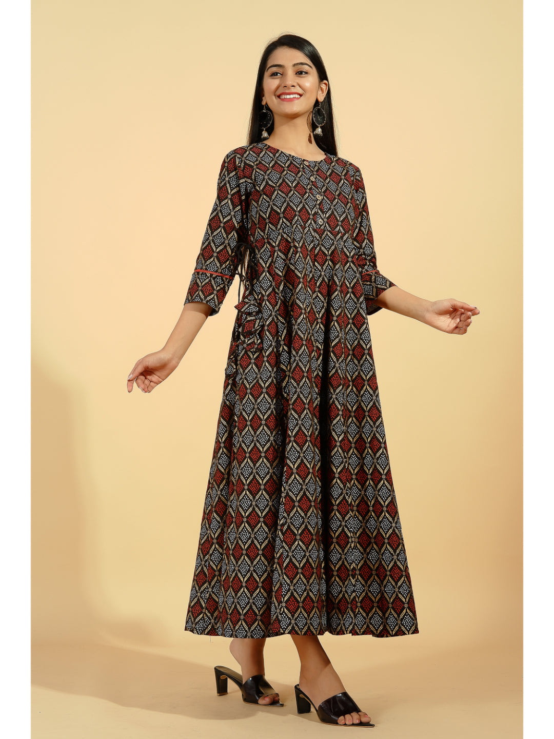 Cotton Printed Flared Kurta (Black)