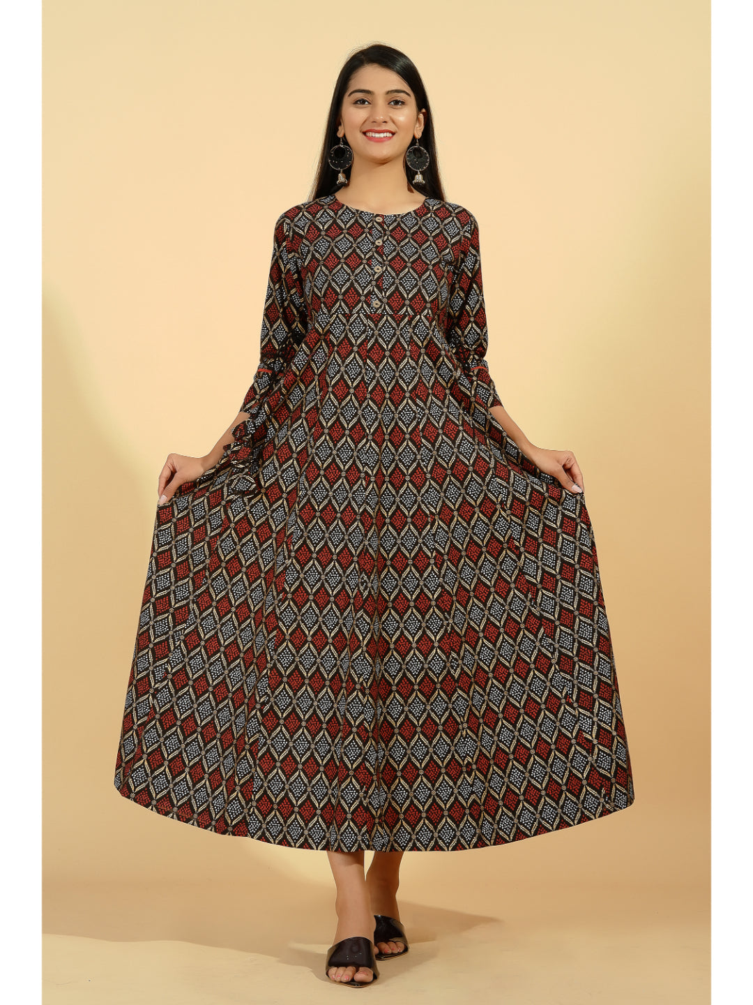 Cotton Printed Flared Kurta (Black)