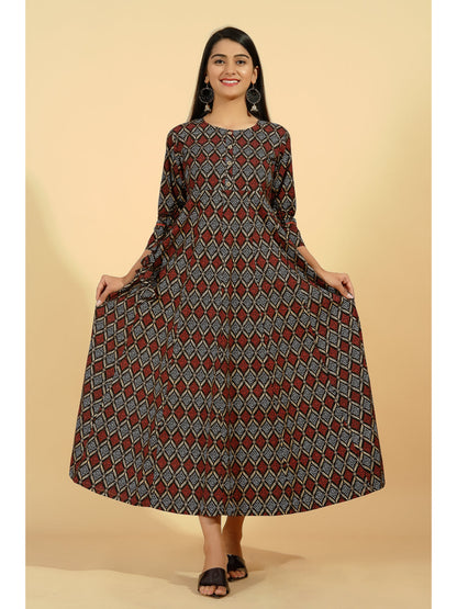 Cotton Printed Flared Kurta (Black)