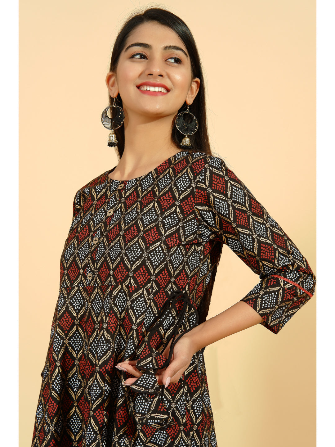 Cotton Printed Flared Kurta (Black)