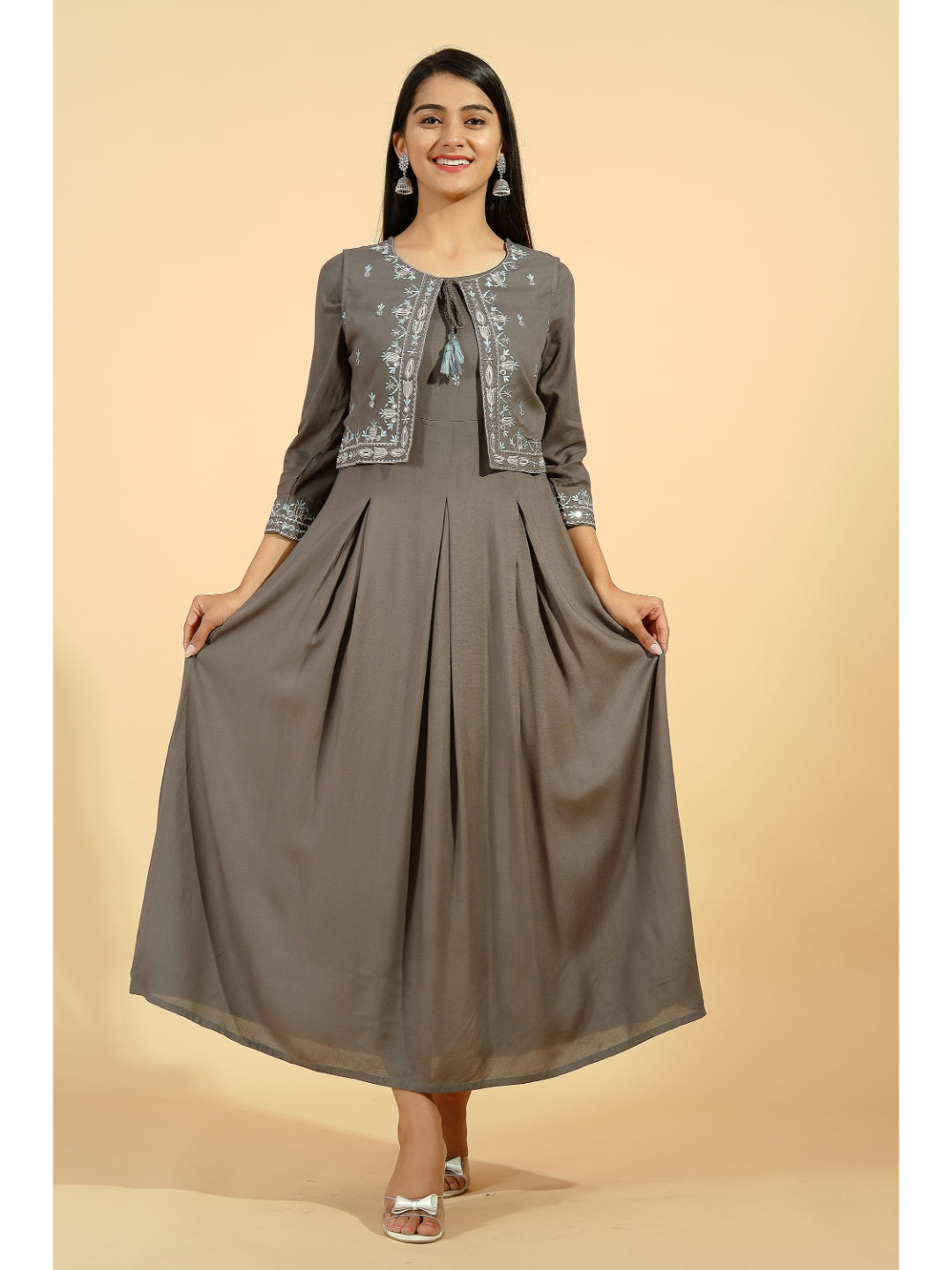 Rayon Solid Flared Kurta Jacket Set (Grey)