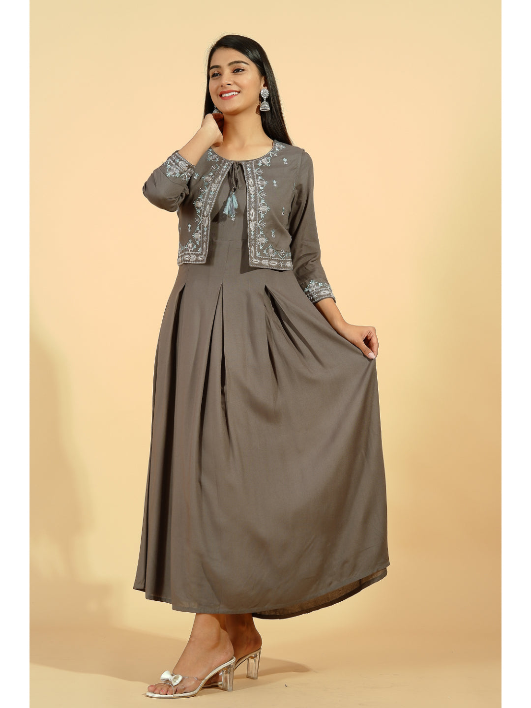 Rayon Solid Flared Kurta Jacket Set (Grey)