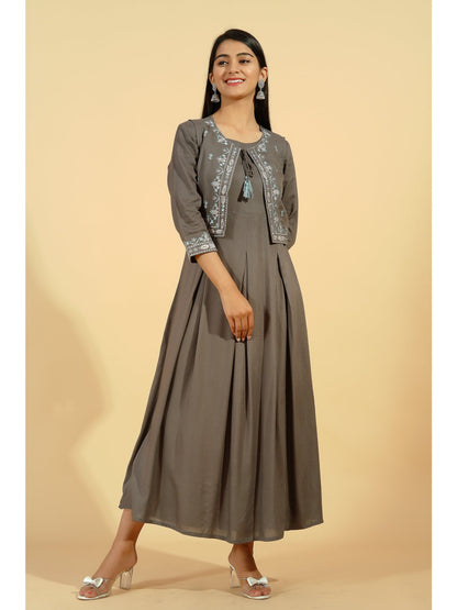 Rayon Solid Flared Kurta Jacket Set (Grey)