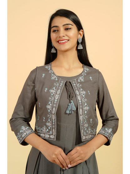 Rayon Solid Flared Kurta Jacket Set (Grey)