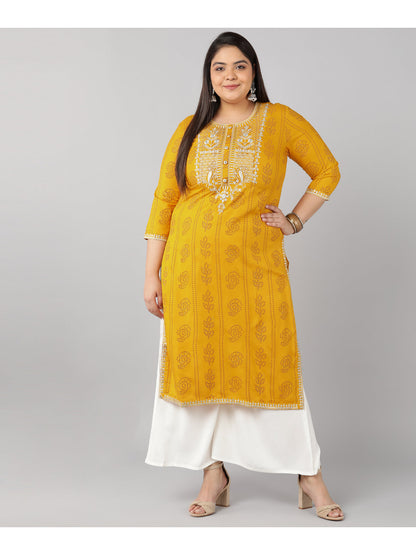 Rayon Bandhni Print Straight Kurta (Yellow)