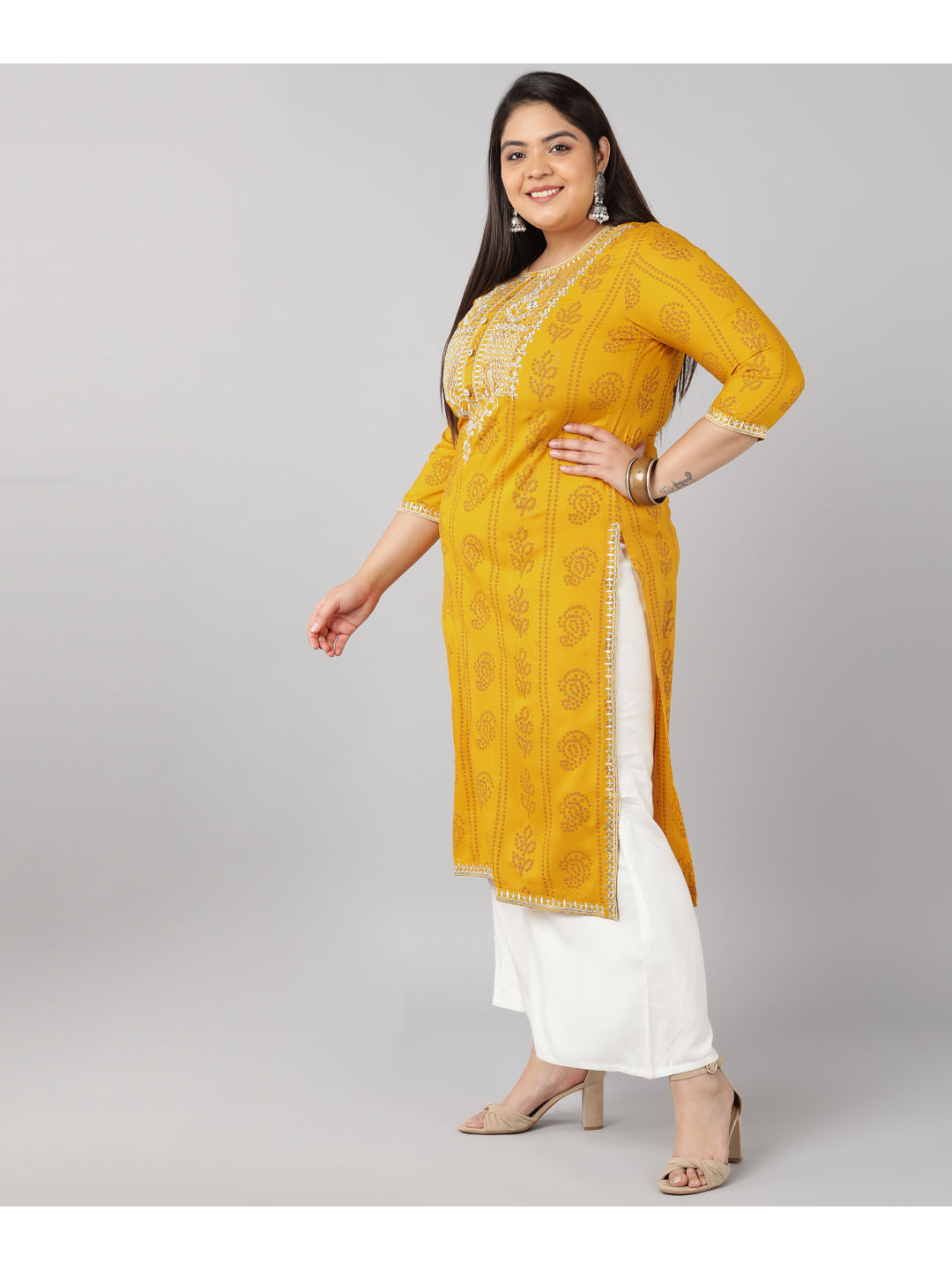 Rayon Bandhni Print Straight Kurta (Yellow)