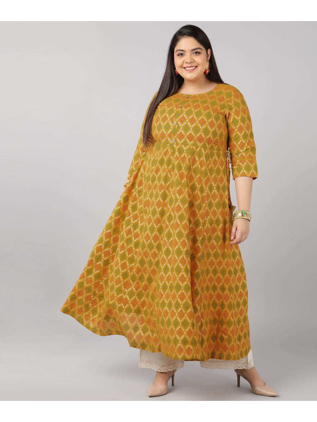 Cotton Gold Print Anarkali Kurta (Mustard)