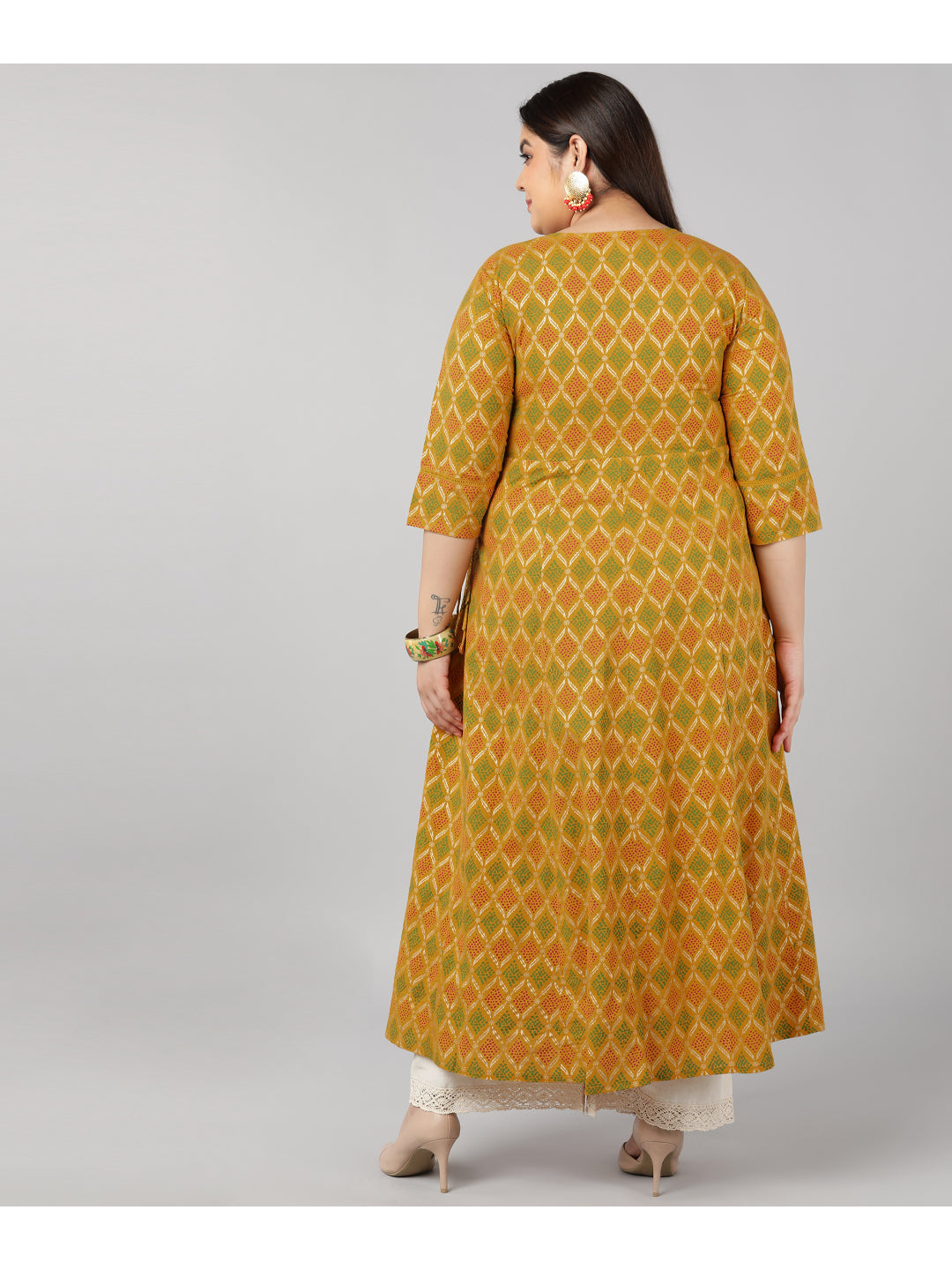 Cotton Gold Print Anarkali Kurta (Mustard)