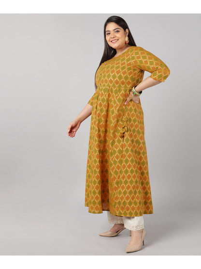 Cotton Gold Print Anarkali Kurta (Mustard)