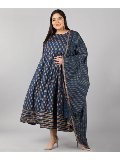 Rayon Printed Anarkali Kurta Set (Blue)