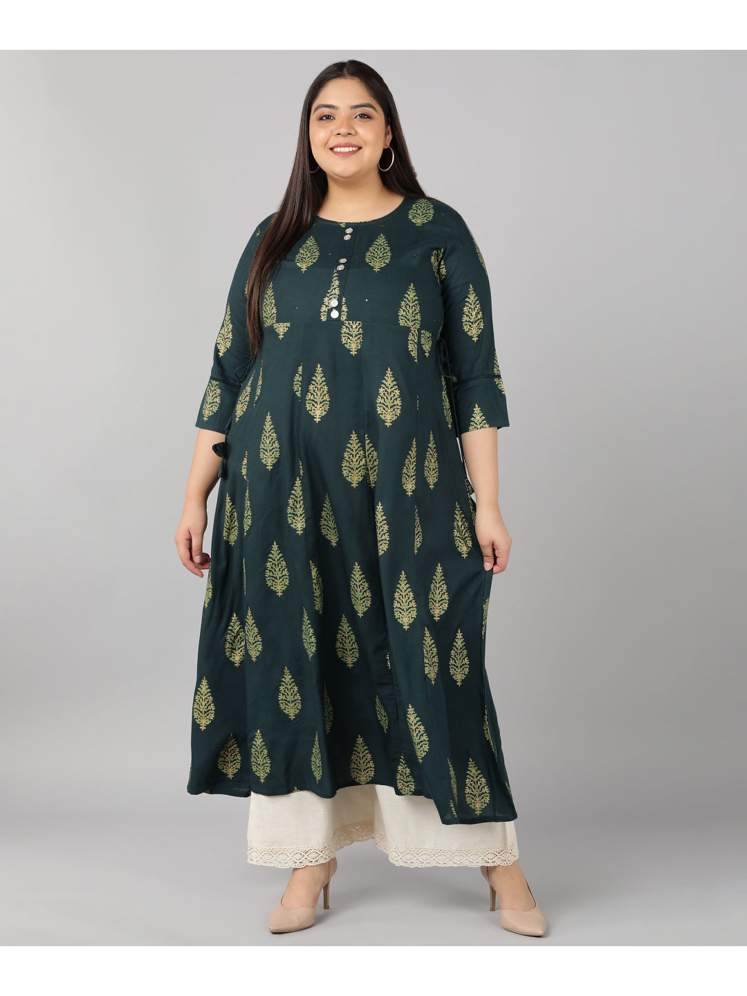 Rayon Block Print Anarkali Kurta (Dark Green)