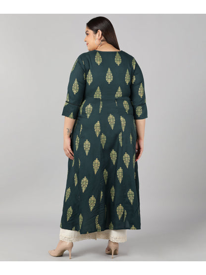 Rayon Block Print Anarkali Kurta (Dark Green)