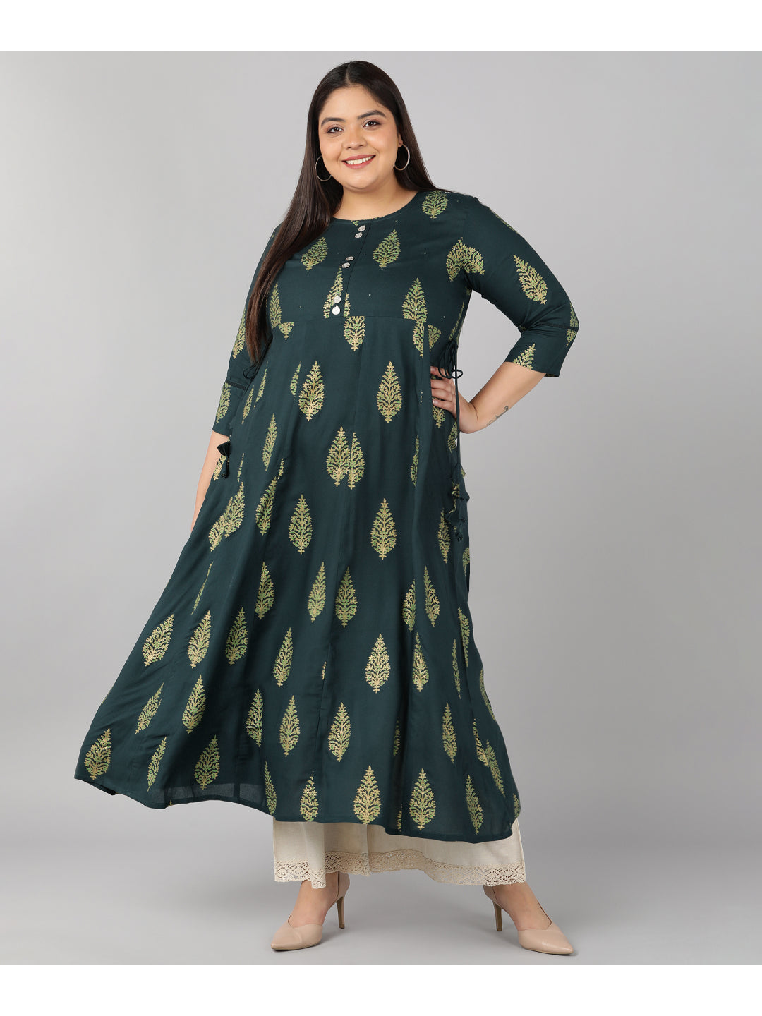 Rayon Block Print Anarkali Kurta (Dark Green)