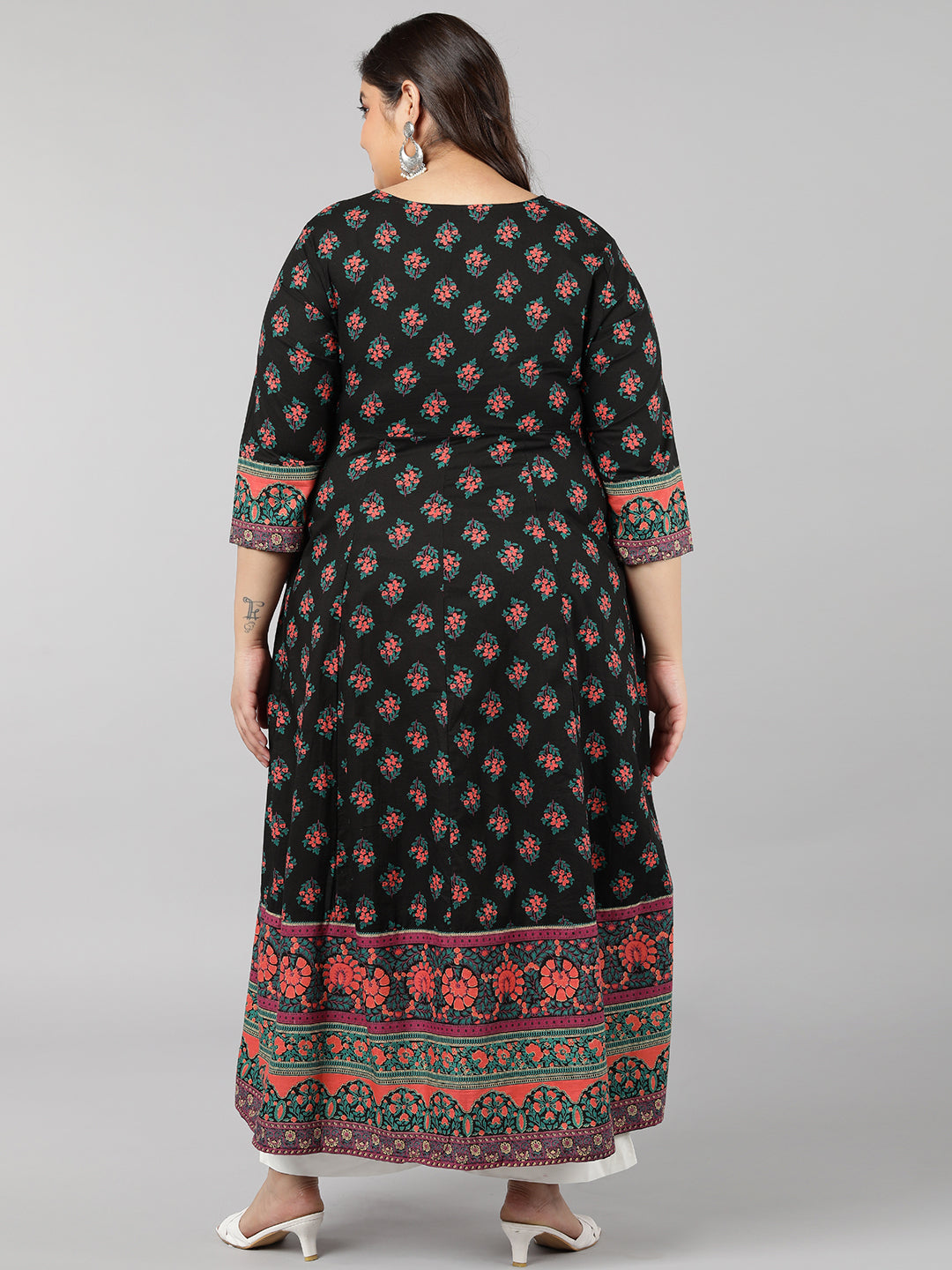 Cotton Floral Print Anarkali Kurta (Black)