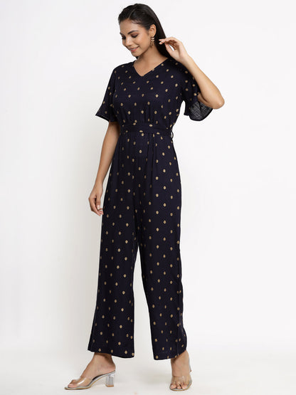 Rayon Block Print Straight Jumpsuit