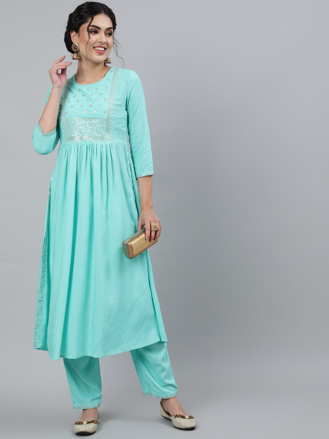 Women Rayon Slub Round Neck 3/4 Sleeve Solid A-Line Kurta & Pant Set