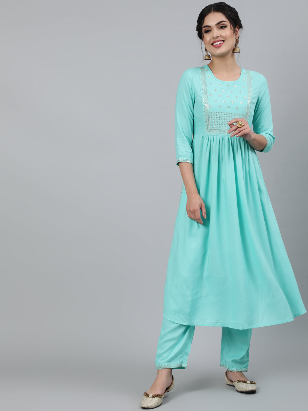 Women Rayon Slub Round Neck 3/4 Sleeve Solid A-Line Kurta & Pant Set