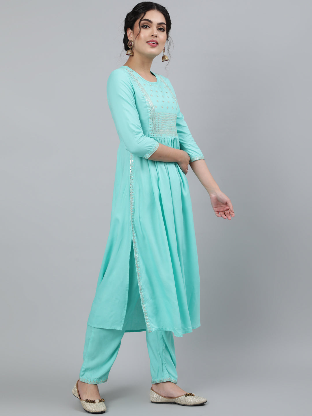 Women Rayon Slub Round Neck 3/4 Sleeve Solid A-Line Kurta & Pant Set