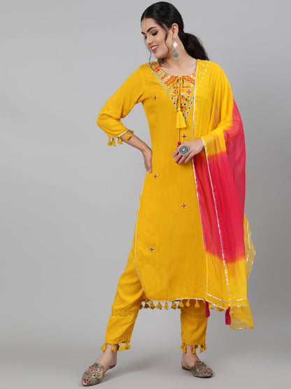 Women Rayon Slub Round Neck 3/4 Sleeve Embroidered Straight Kurta, Pant & Chiffon Tie-Dye Dupatta Set