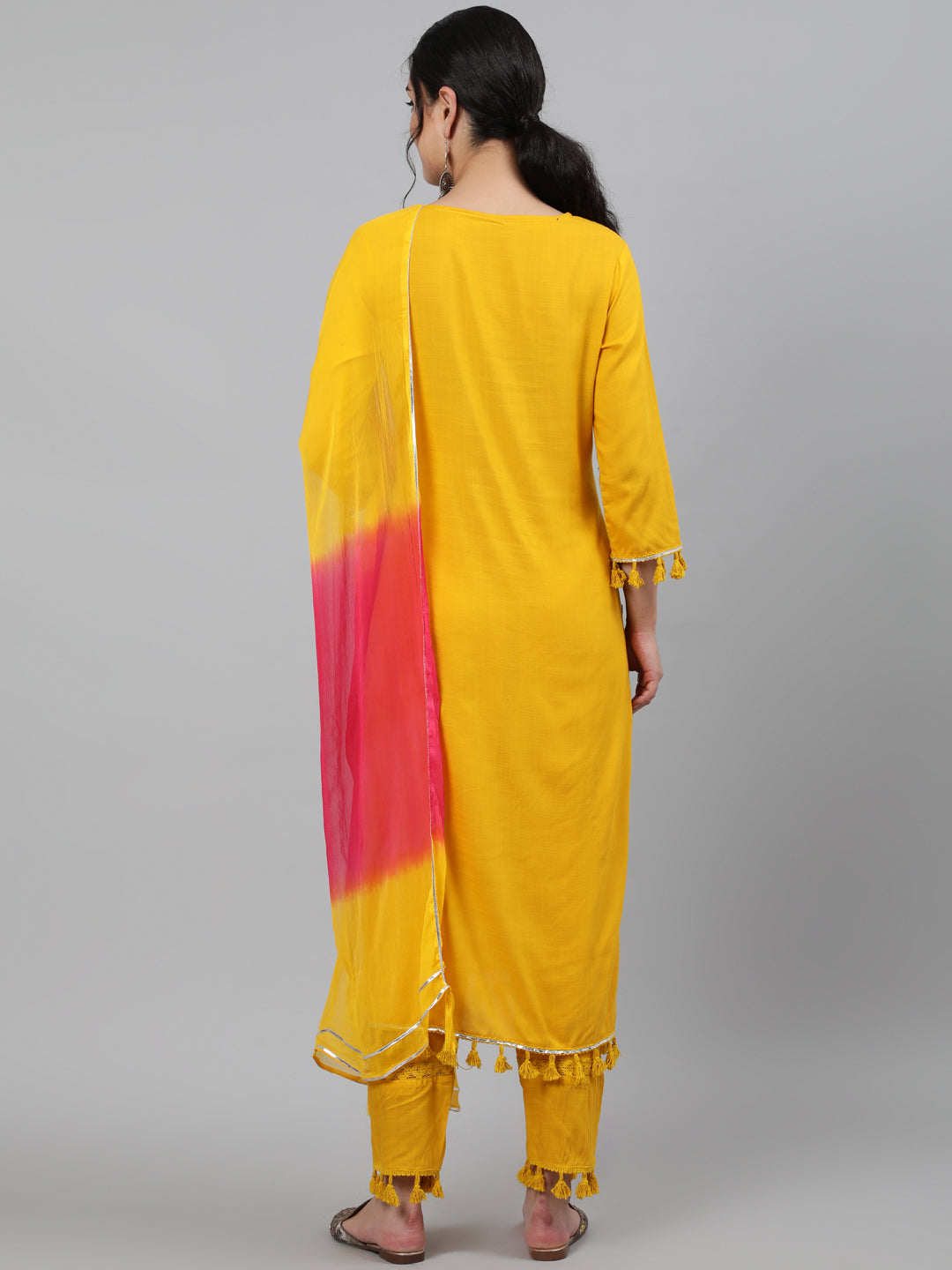 Women Rayon Slub Round Neck 3/4 Sleeve Embroidered Straight Kurta, Pant & Chiffon Tie-Dye Dupatta Set