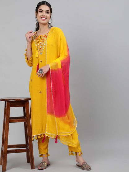 Women Rayon Slub Round Neck 3/4 Sleeve Embroidered Straight Kurta, Pant & Chiffon Tie-Dye Dupatta Set