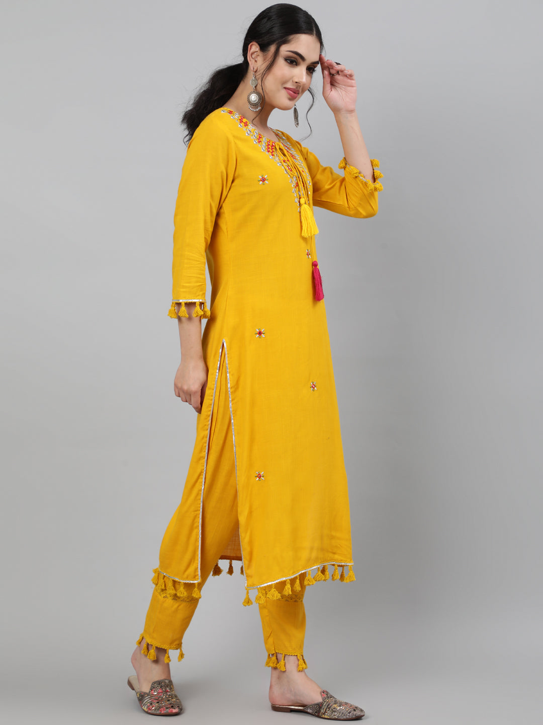 Women Rayon Slub Round Neck 3/4 Sleeve Embroidered Straight Kurta, Pant & Chiffon Tie-Dye Dupatta Set