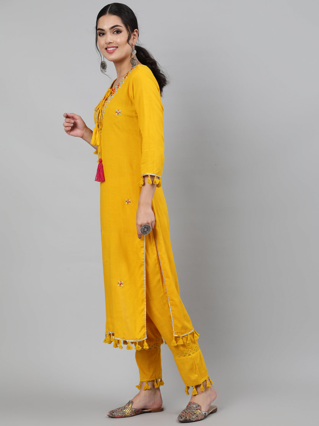 Women Rayon Slub Round Neck 3/4 Sleeve Embroidered Straight Kurta, Pant & Chiffon Tie-Dye Dupatta Set