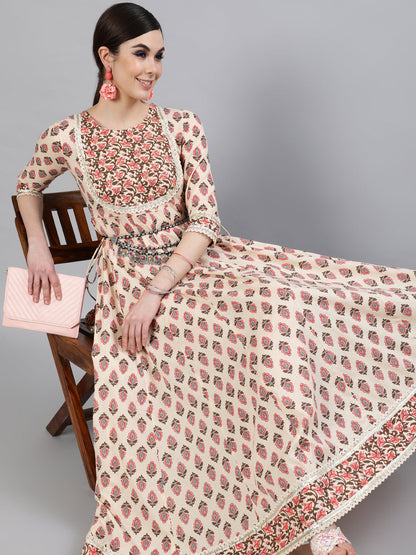 Women Cotton Round Neck 3/4 Sleeve Printed Anarkali Kurta