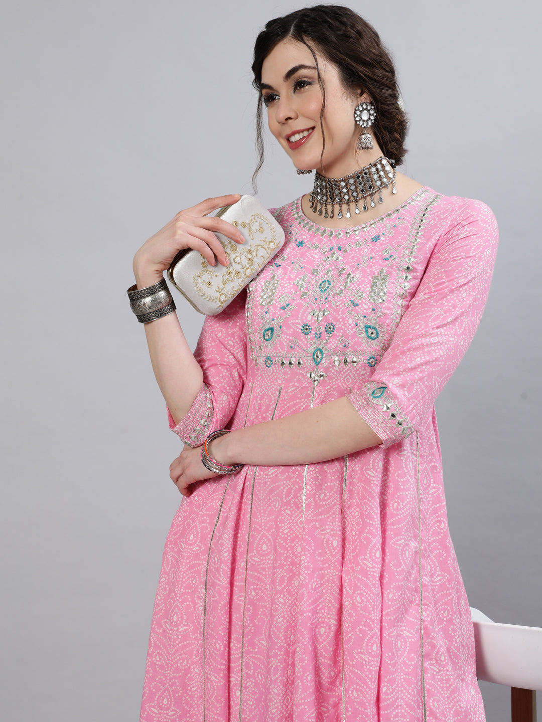 Women Cotton Round Neck 3/4 Sleeve Embroidered Flared Kurta