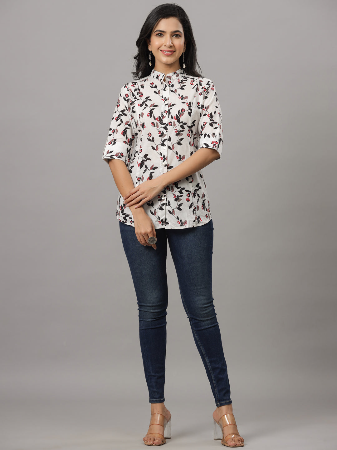 White Leaf Printed Causal Shirt