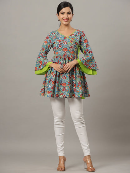 Floral Printed Angrakha Pure Cotton Longline Top