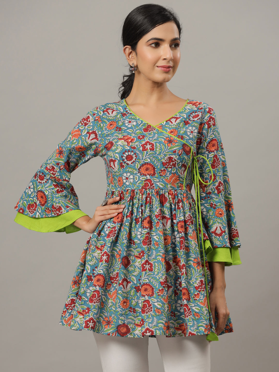 Floral Printed Angrakha Pure Cotton Longline Top