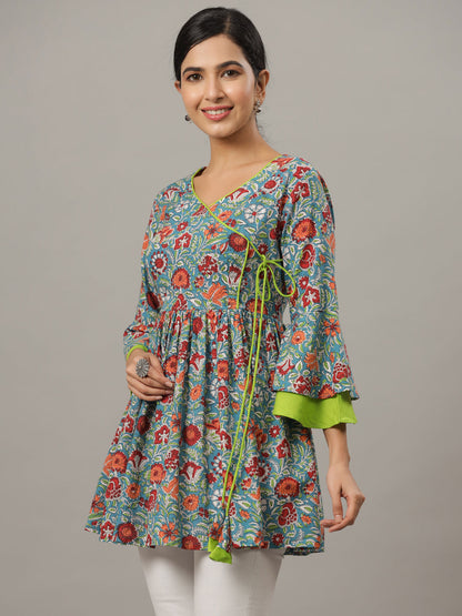 Floral Printed Angrakha Pure Cotton Longline Top