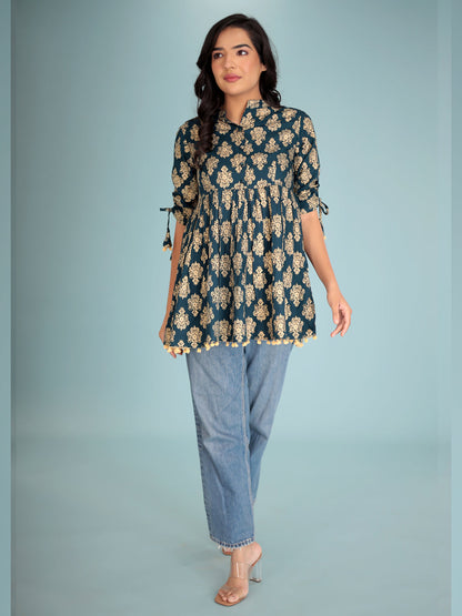 Women Blue gold-toned ethnic motifs print Top