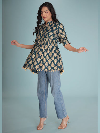 Women Blue gold-toned ethnic motifs print Top