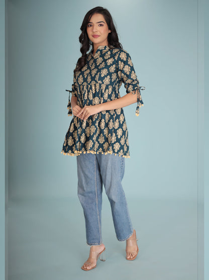 Women Blue gold-toned ethnic motifs print Top