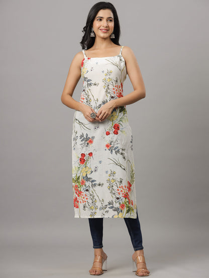 White & MultiColored Floral Print Strappy Straight Kurta