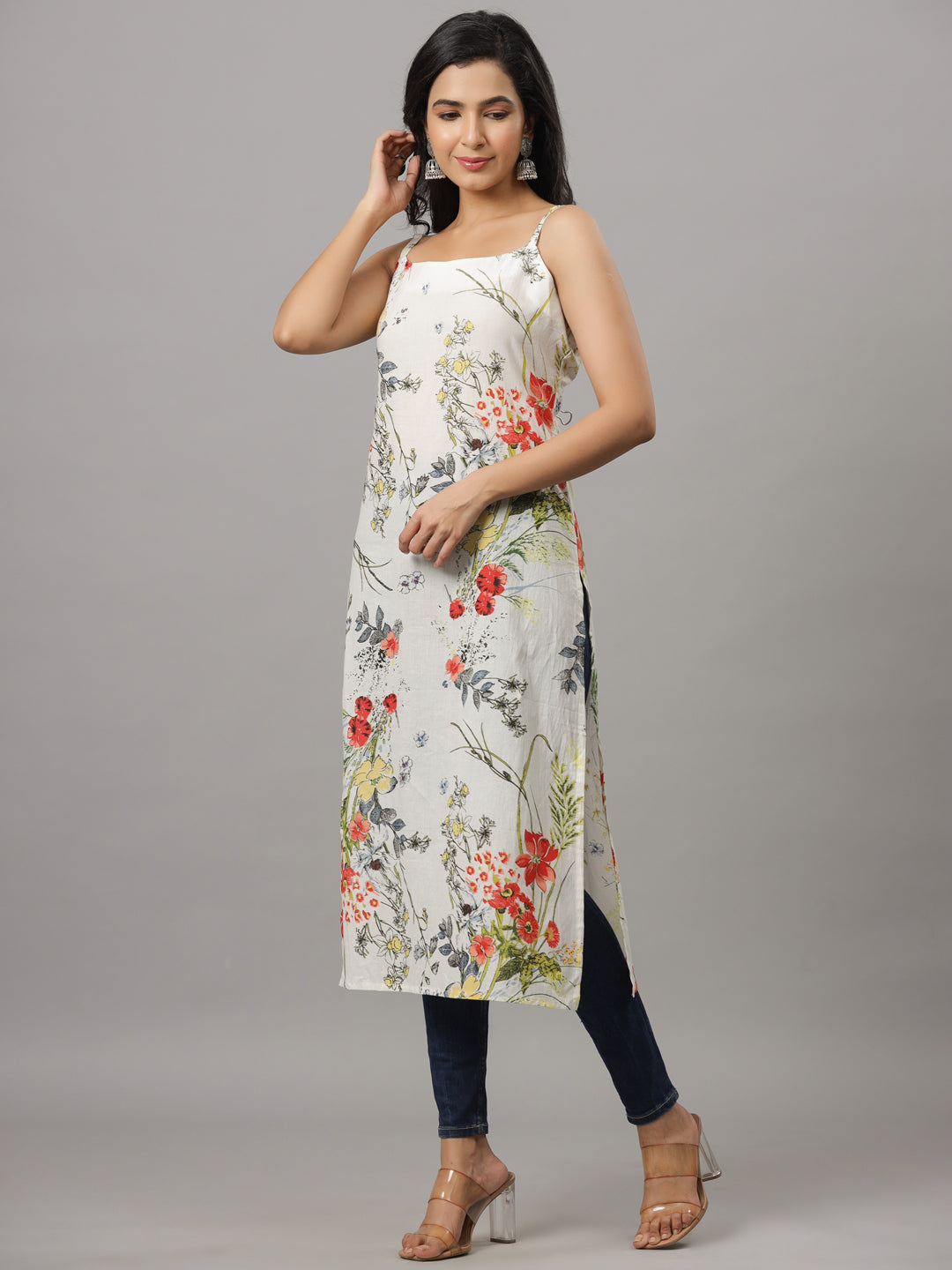 White & MultiColored Floral Print Strappy Straight Kurta