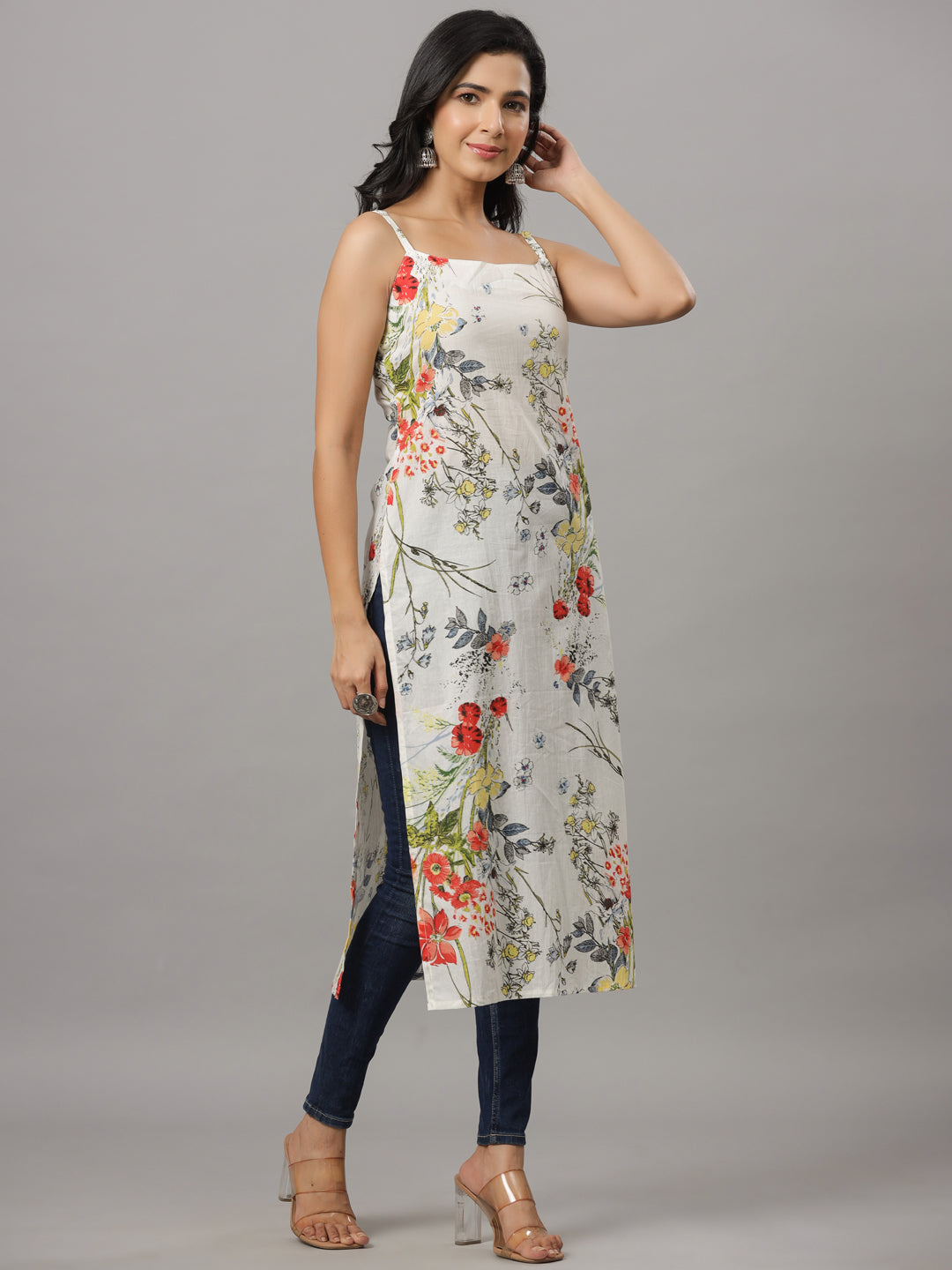 White & MultiColored Floral Print Strappy Straight Kurta