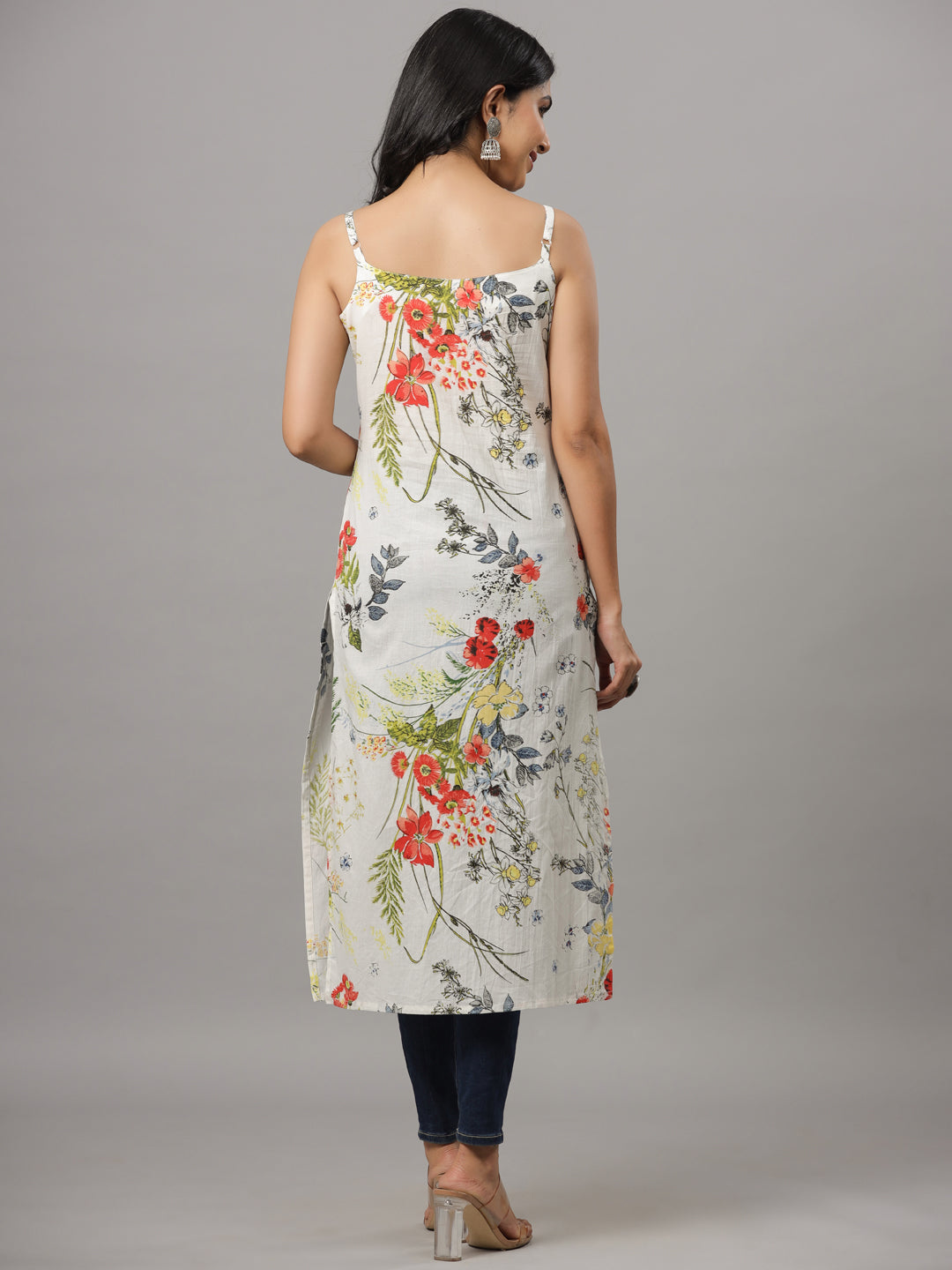 White & MultiColored Floral Print Strappy Straight Kurta