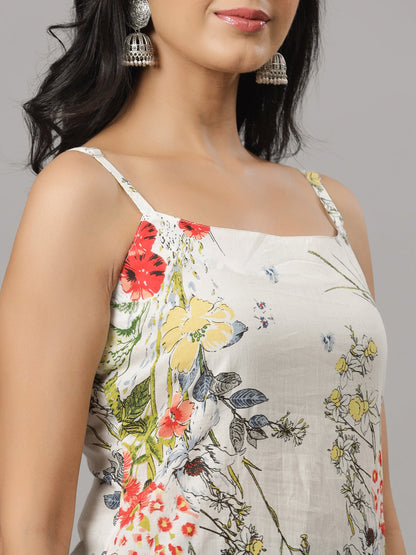 White & MultiColored Floral Print Strappy Straight Kurta